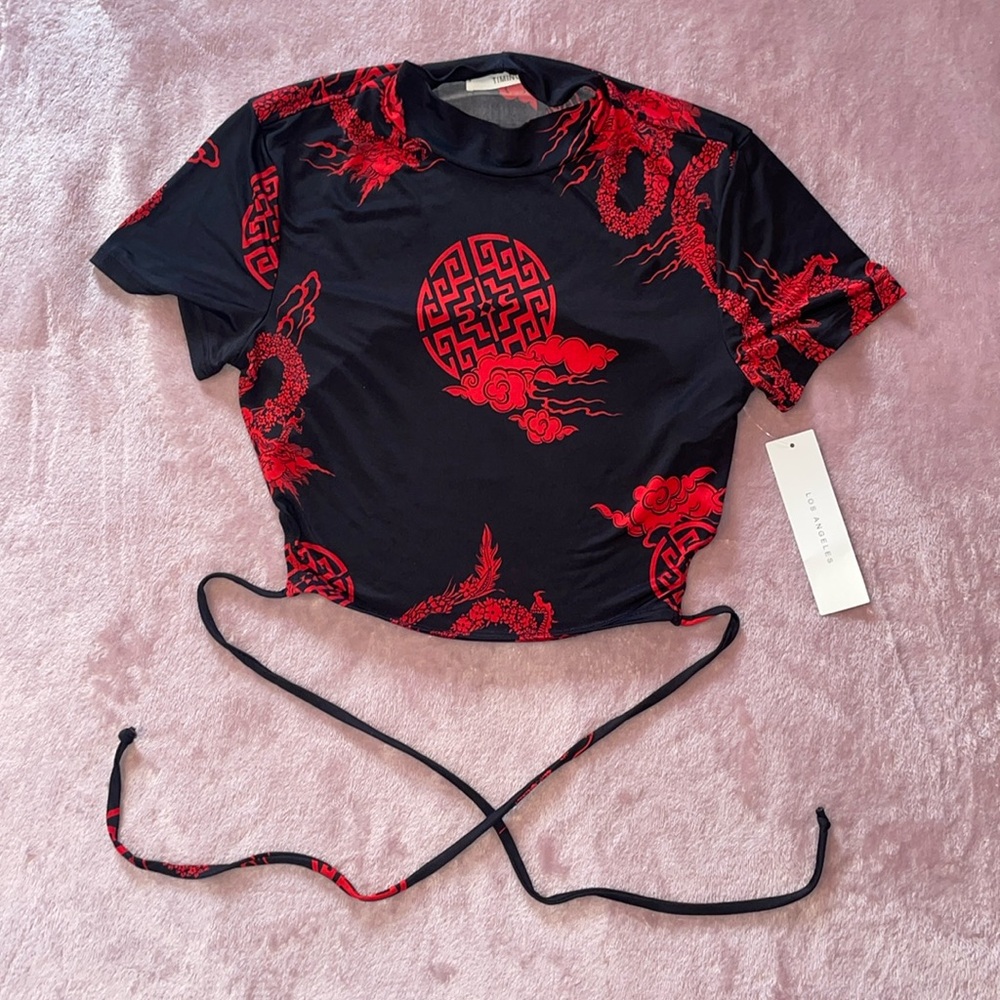 Black & Red Dragon Crop Top Open Back 🐉 NWT